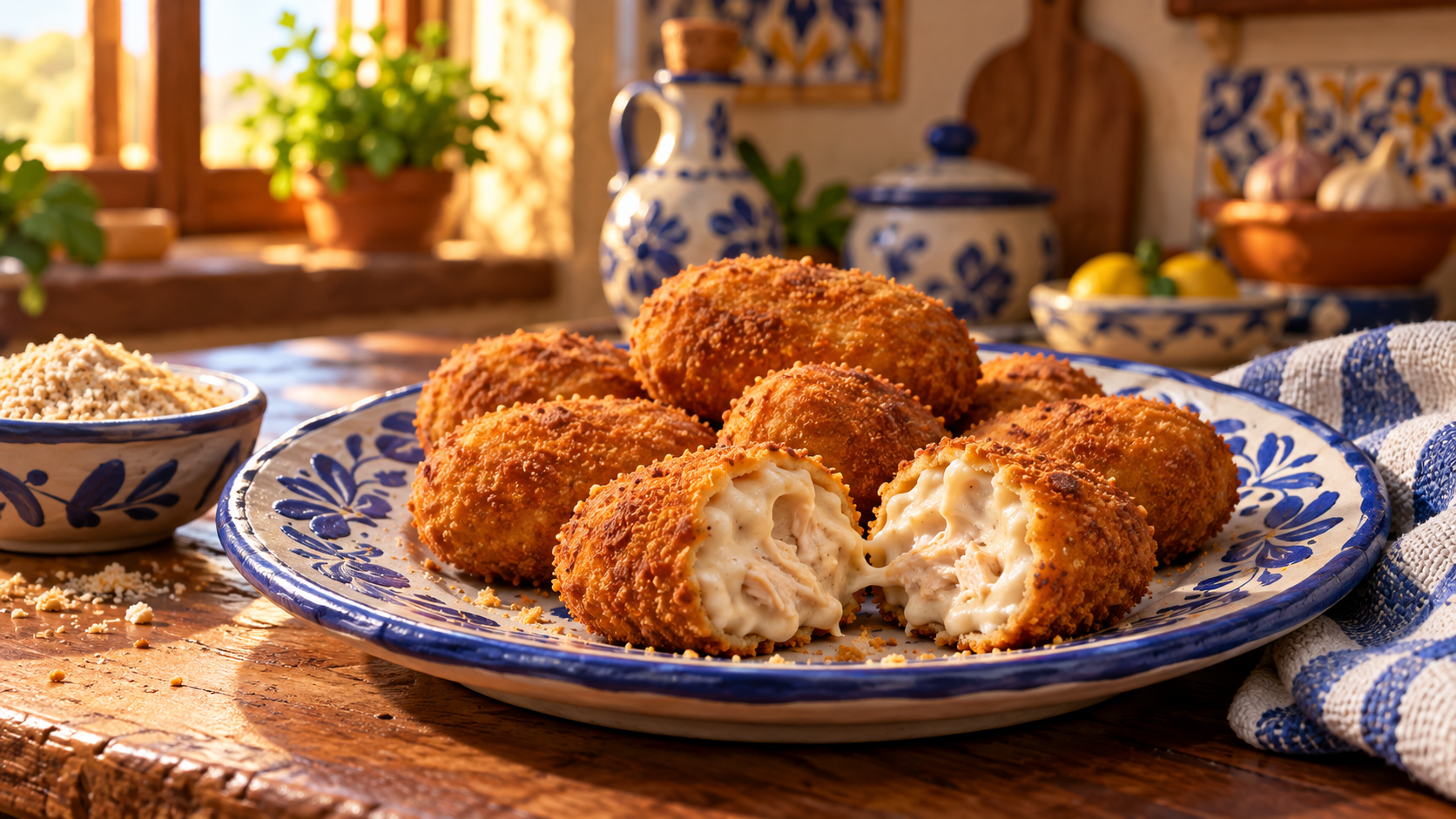 Golden chicken croquetas on a blue-and-white plate, with a creamy filling.