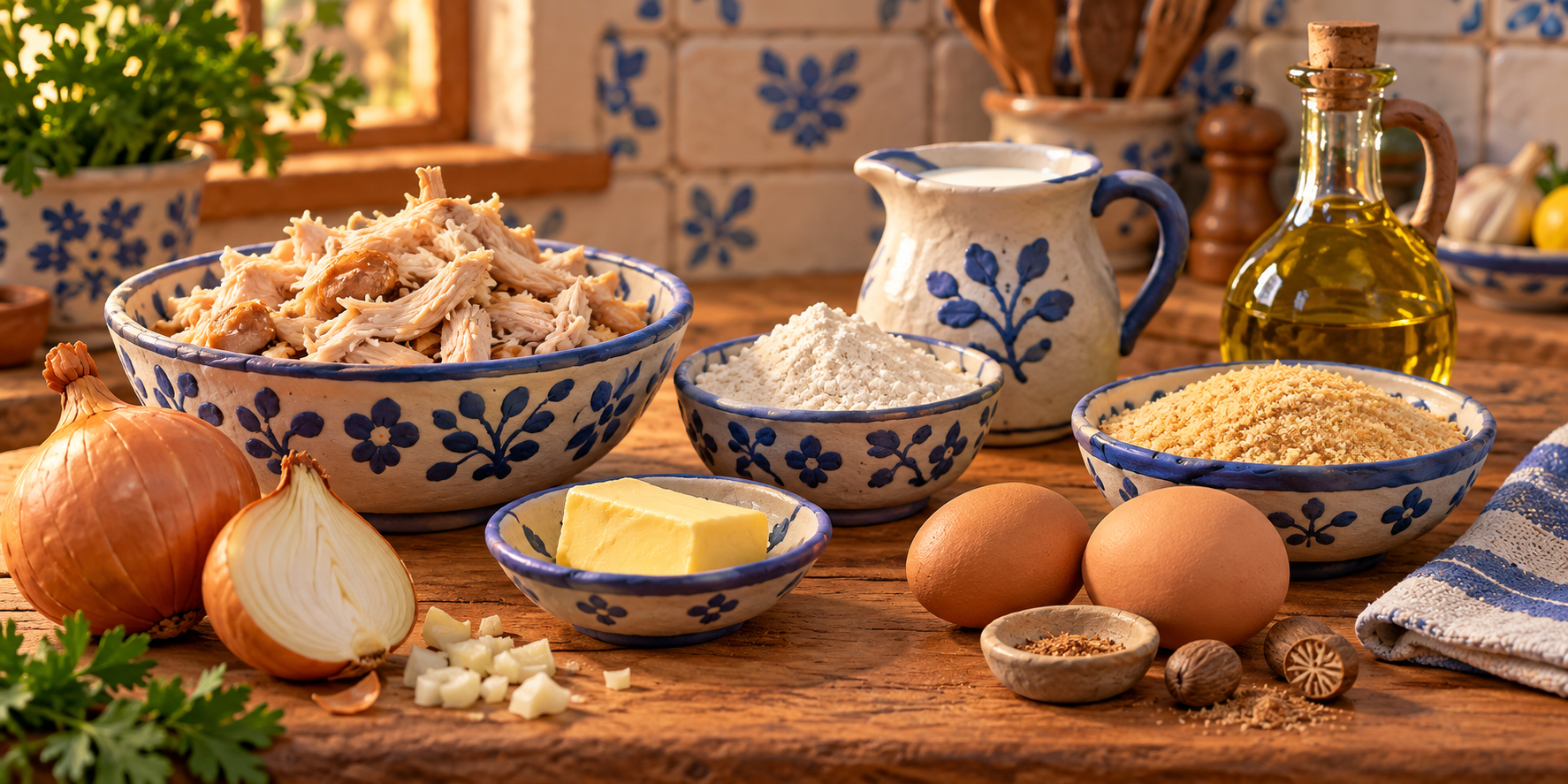 Chicken, onion, butter, flour, milk, eggs, breadcrumbs and seasonings arranged on a kitchen counter.