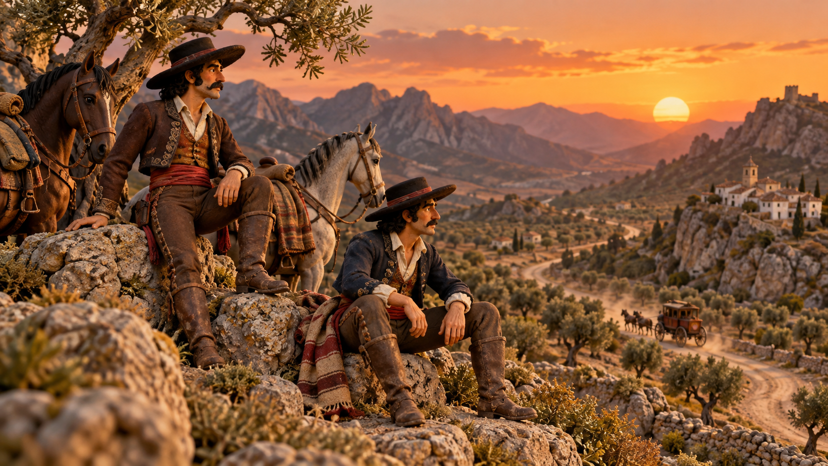 Two fictional nineteenth-century bandoleros rest beside horses above a winding mountain road.