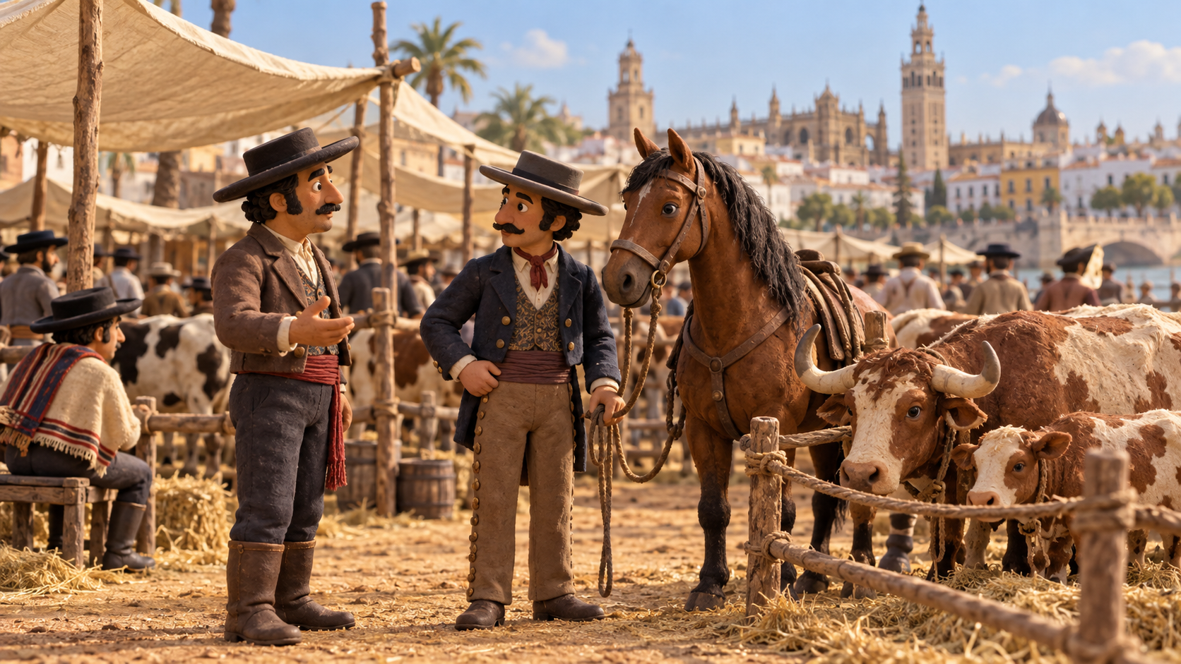 Imagined nineteenth-century livestock fair with traders, a horse and cattle.