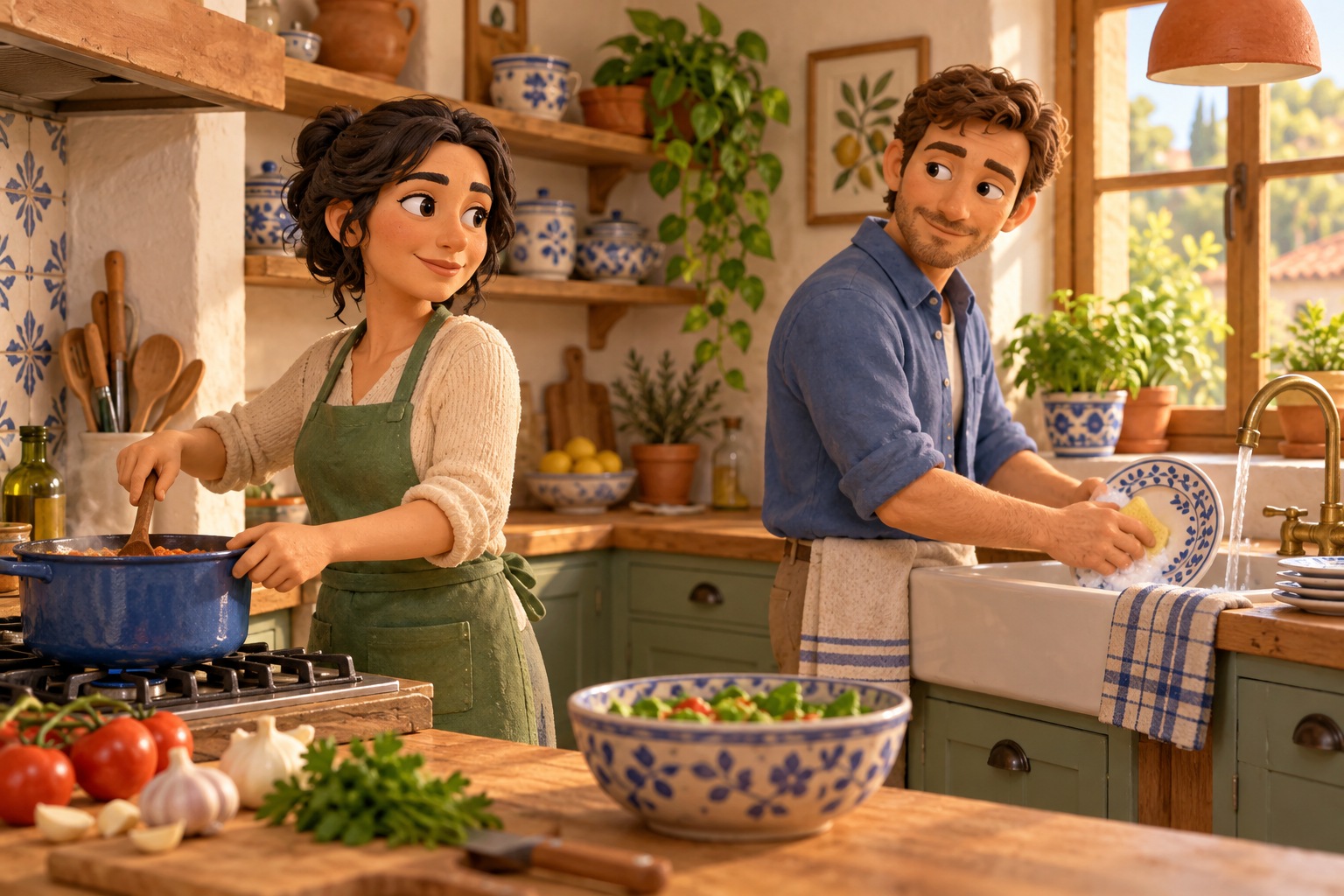 Marga está cocinando y Borja está fregando en una cocina.