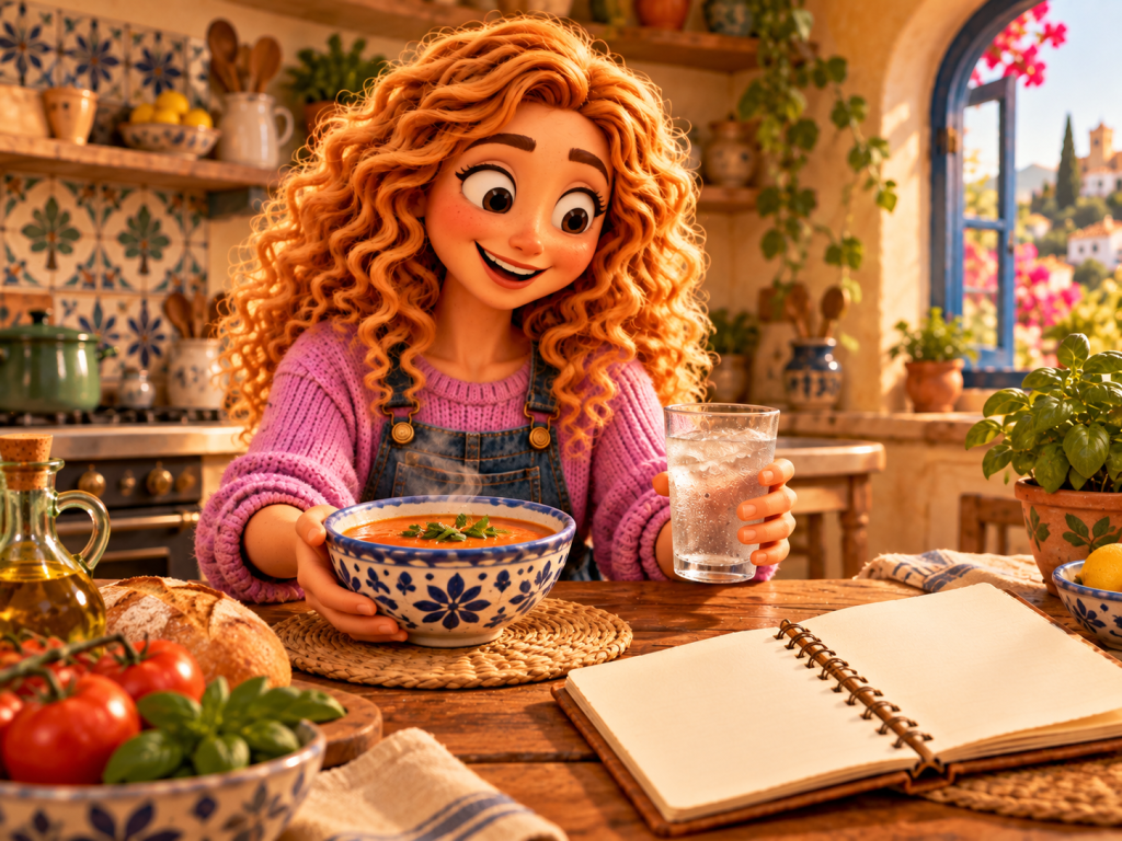Marián presenta una sopa caliente y un vaso de agua fría en una cocina acogedora.