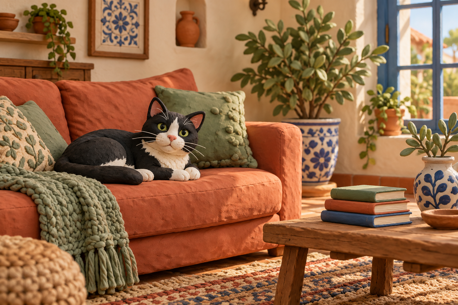 Max está en el sofá y los libros están encima de la mesa.
