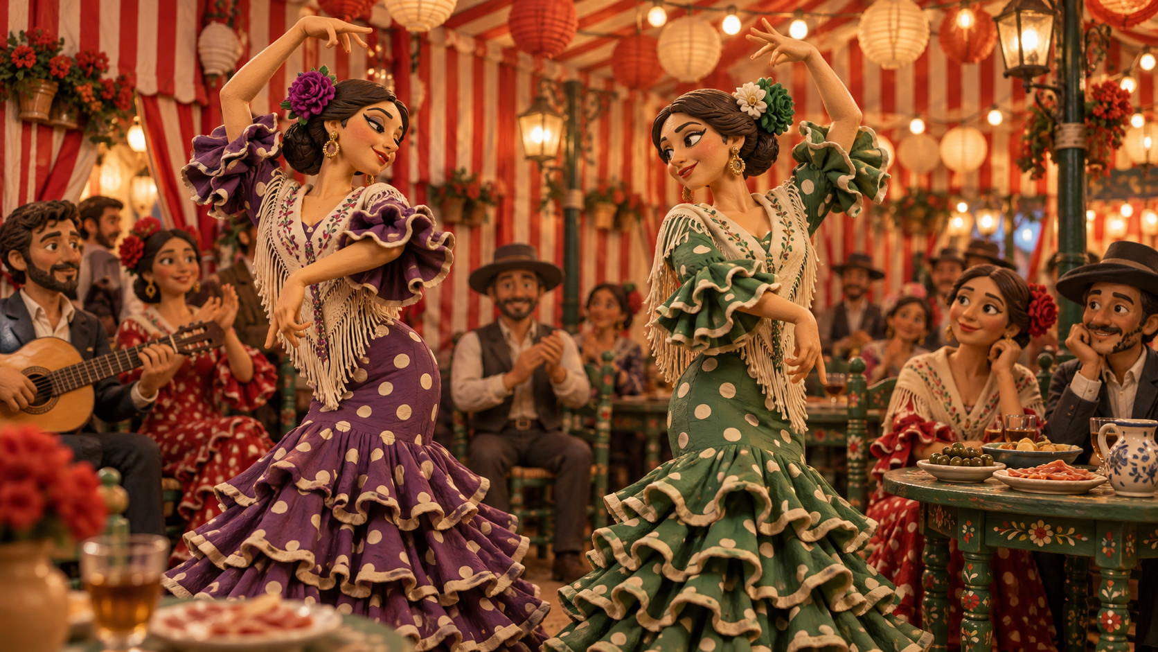 Two women in purple and green flamenca dresses dance in a lantern-lit caseta.