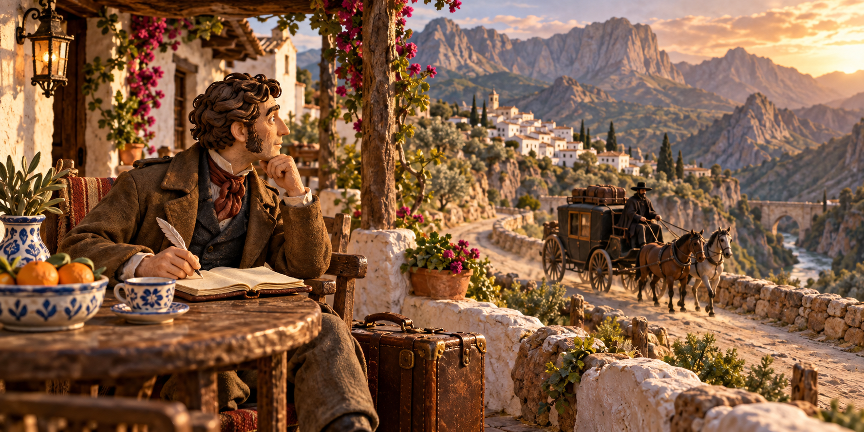 An imagined nineteenth-century travel writer takes notes as a stagecoach passes an Andalusian inn.