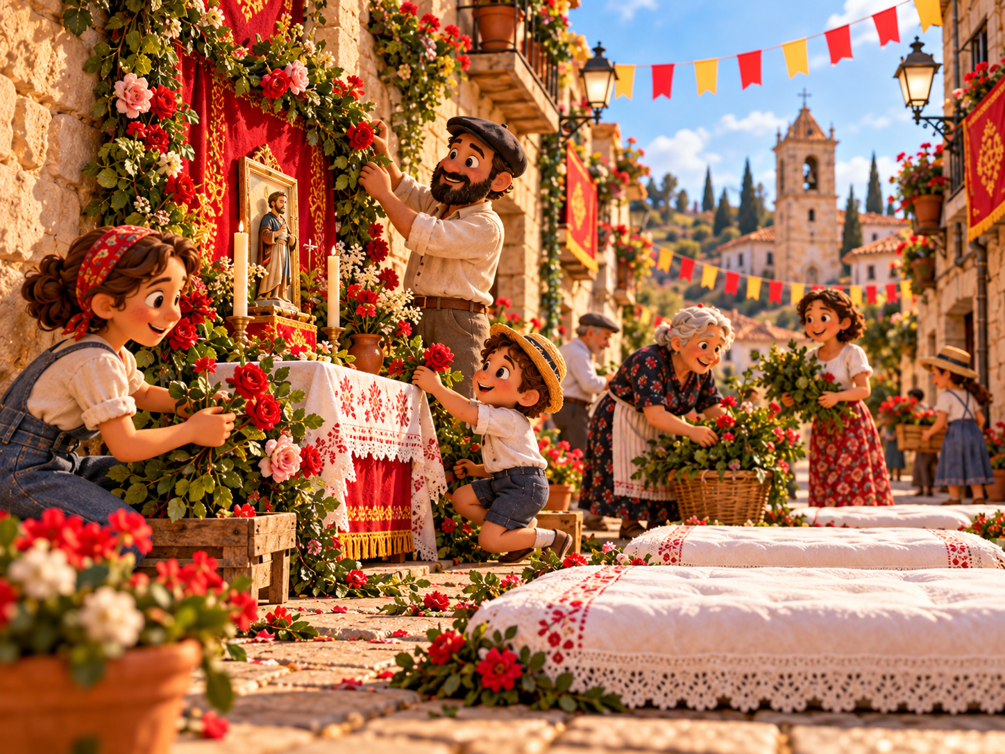 Ilustración de vecinos preparando los altares de flores y los colchones para la fiesta.