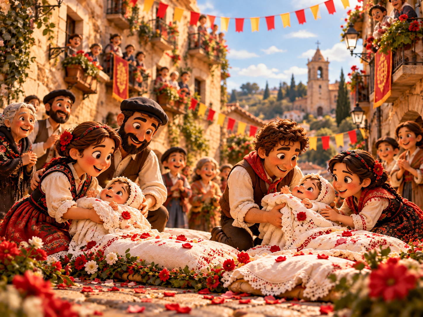 Ilustración de las familias recogiendo a sus bebés entre pétalos de rosa tras la ceremonia.