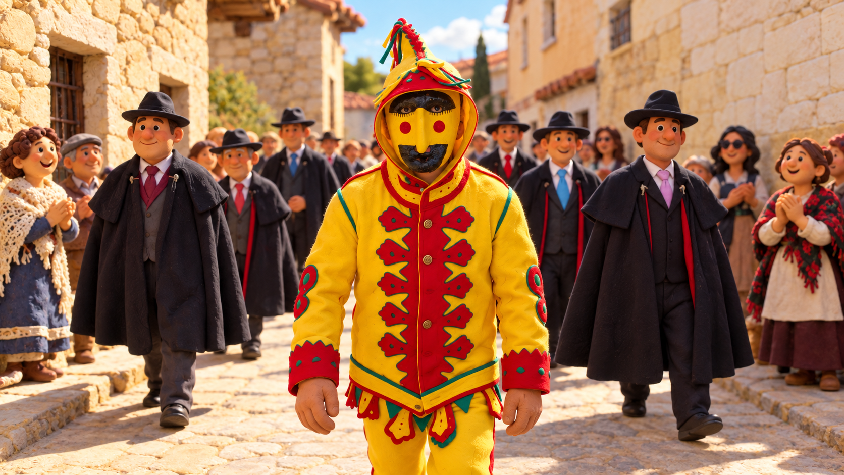 Ilustración del Colacho con traje amarillo, rojo y verde y máscara, recorriendo una calle de piedra.