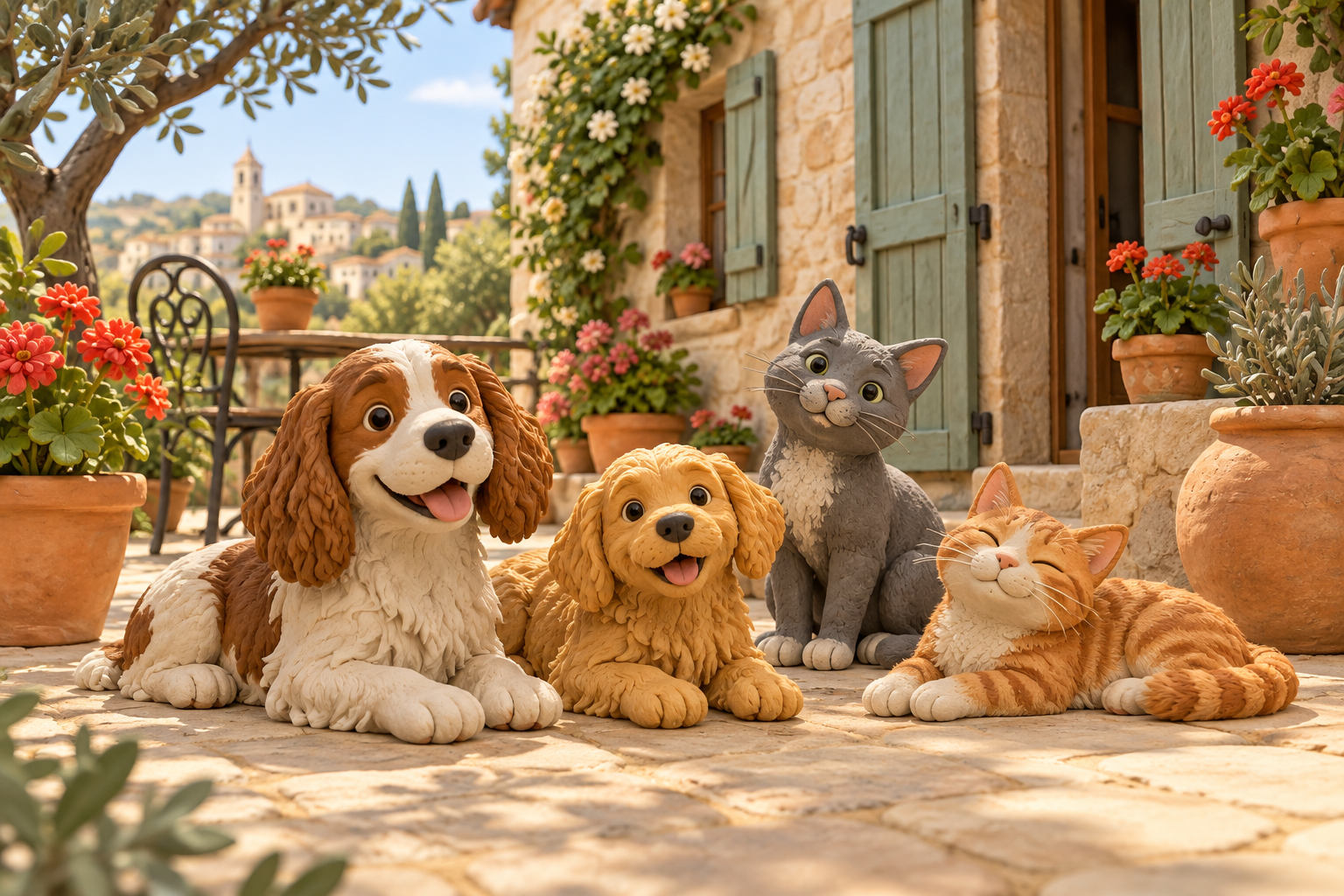 Dos perros y dos gatos en un patio, como apoyo visual para ejemplos de singular y plural.