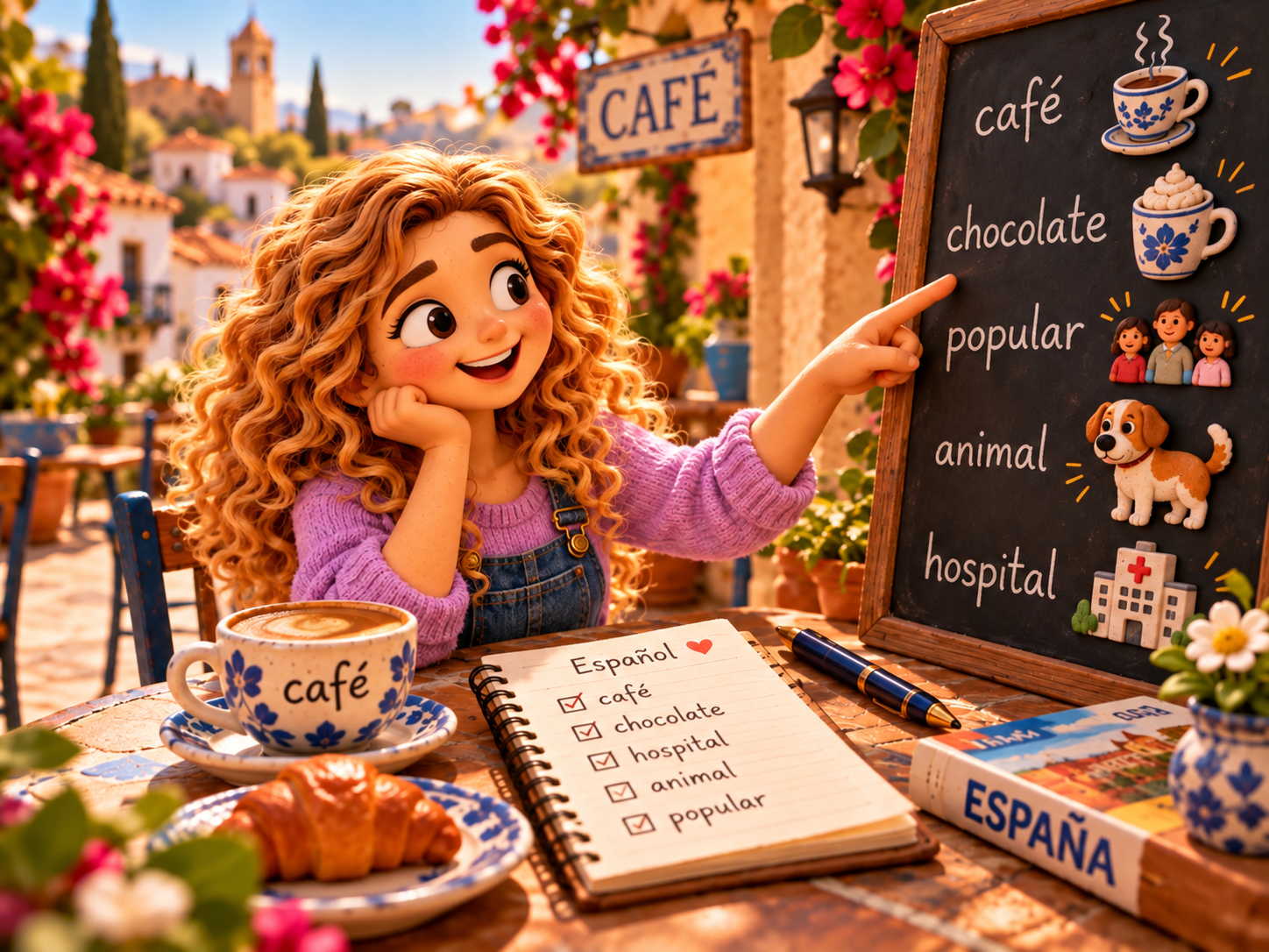 Marián introduces café, chocolate, popular, animal and hospital on a café blackboard.