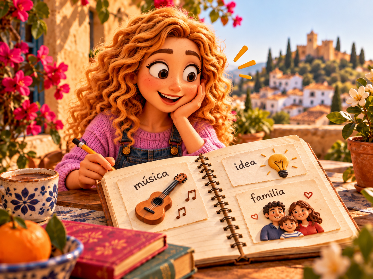 Marián with an illustrated notebook showing música, idea and familia.