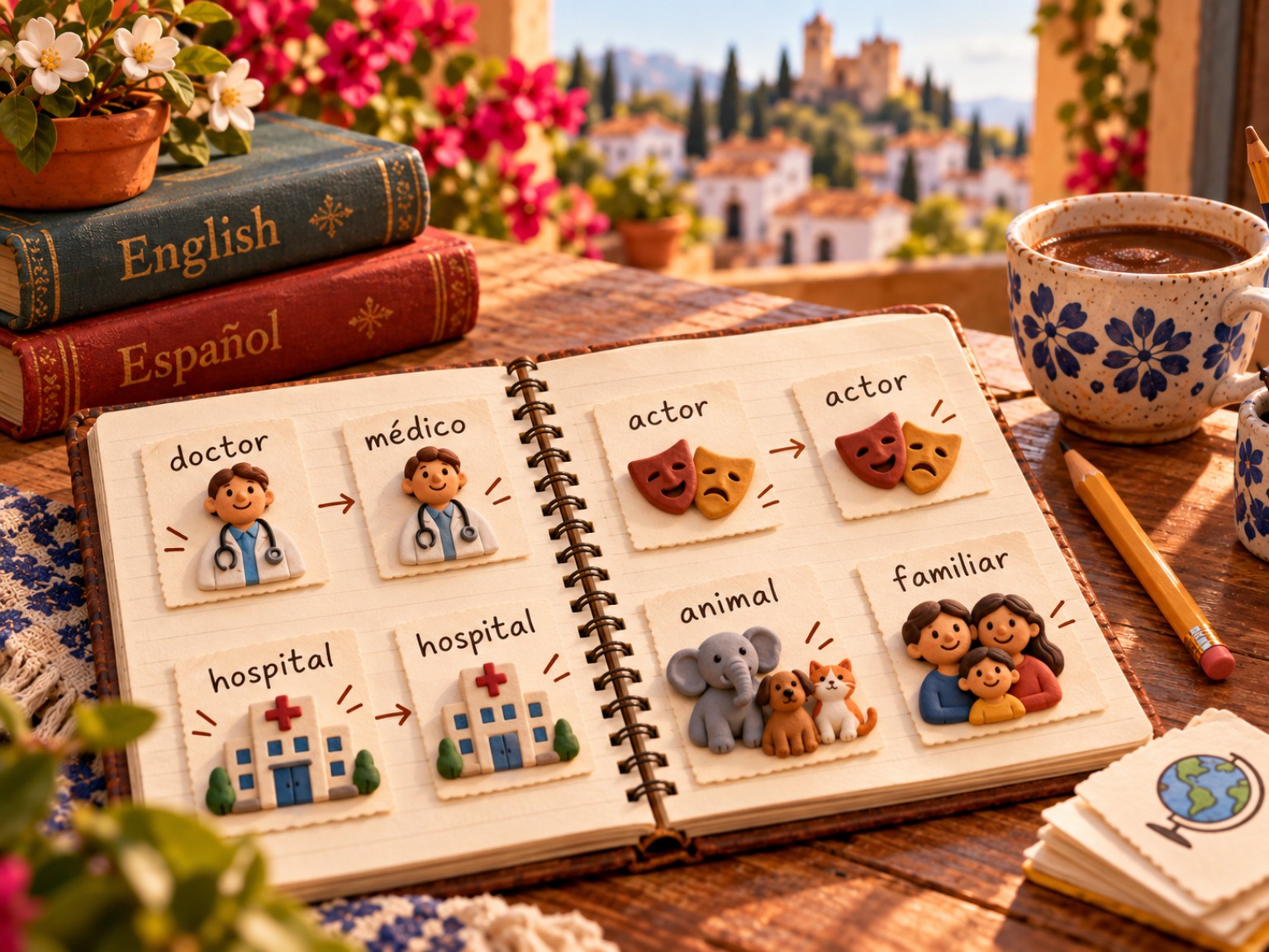English and Spanish vocabulary notebook: doctor–médico, actor–actor and hospital–hospital.