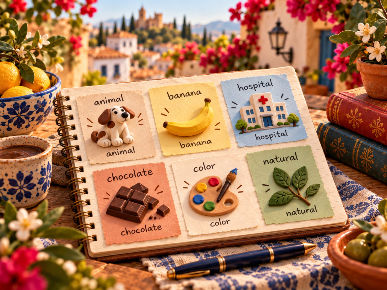 English–Spanish shared spellings: animal, banana, hospital, chocolate, color and natural.
