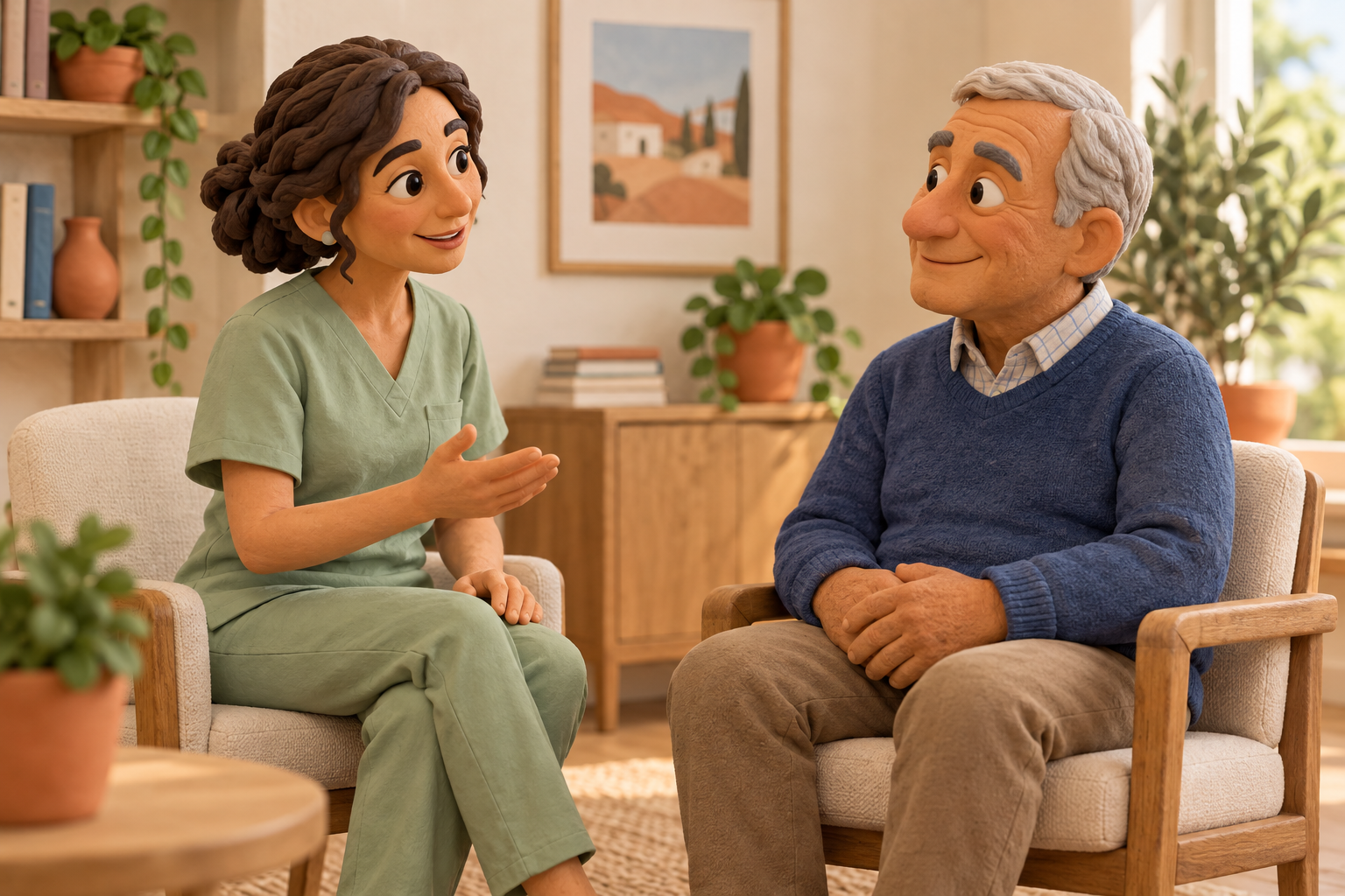 Una profesional sanitaria conversa amablemente con un paciente mayor.