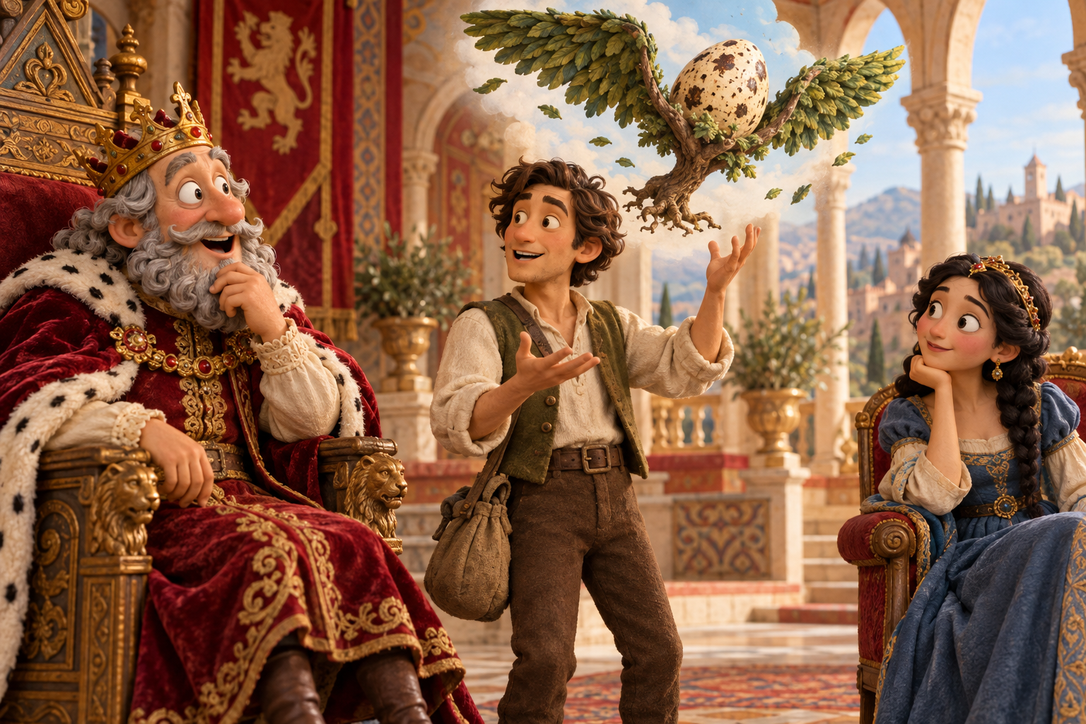 A young storyteller entertains the king and princess with an impossible tale.
