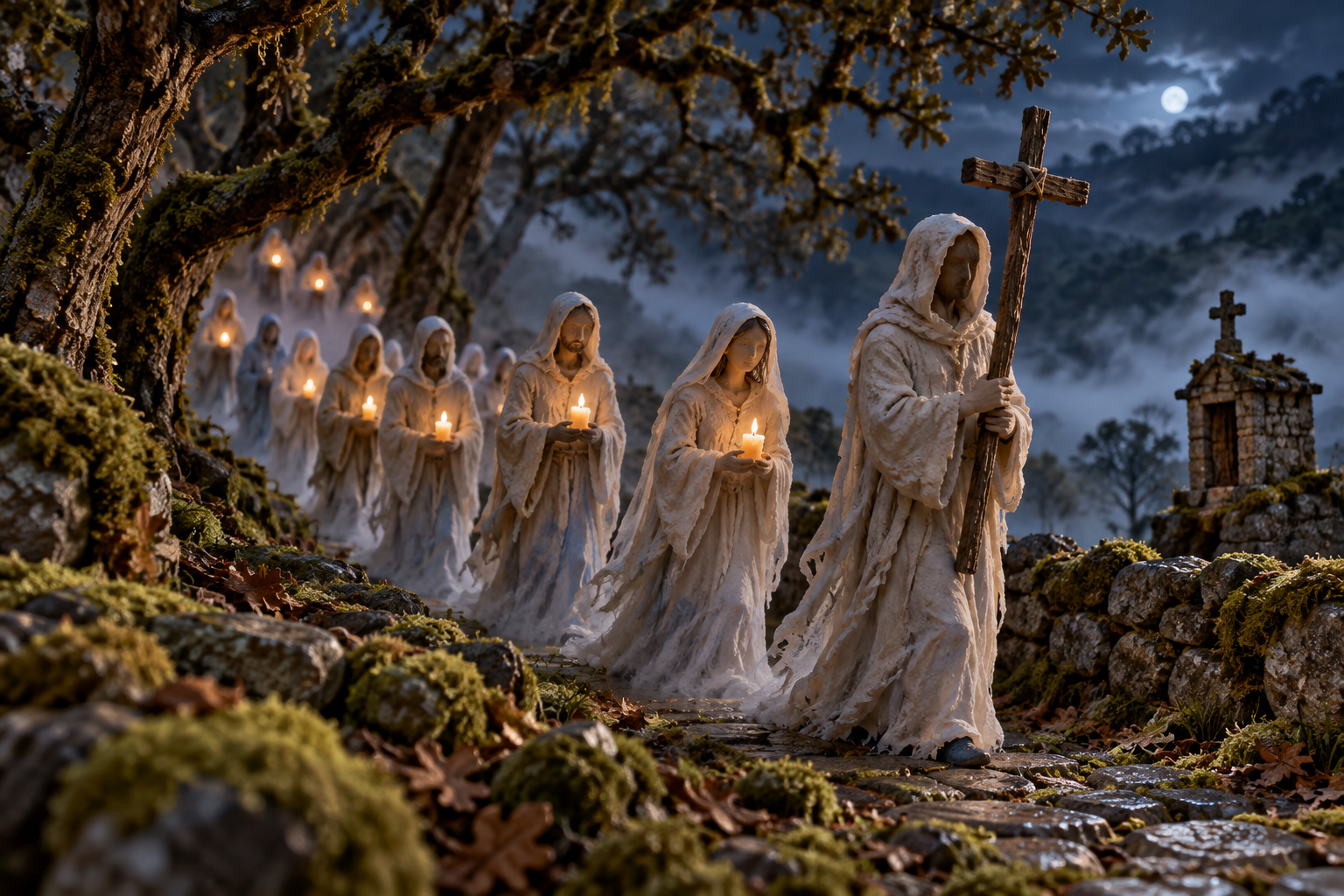 Interpretación de la Santa Compaña: figuras con velas recorren un sendero entre niebla.