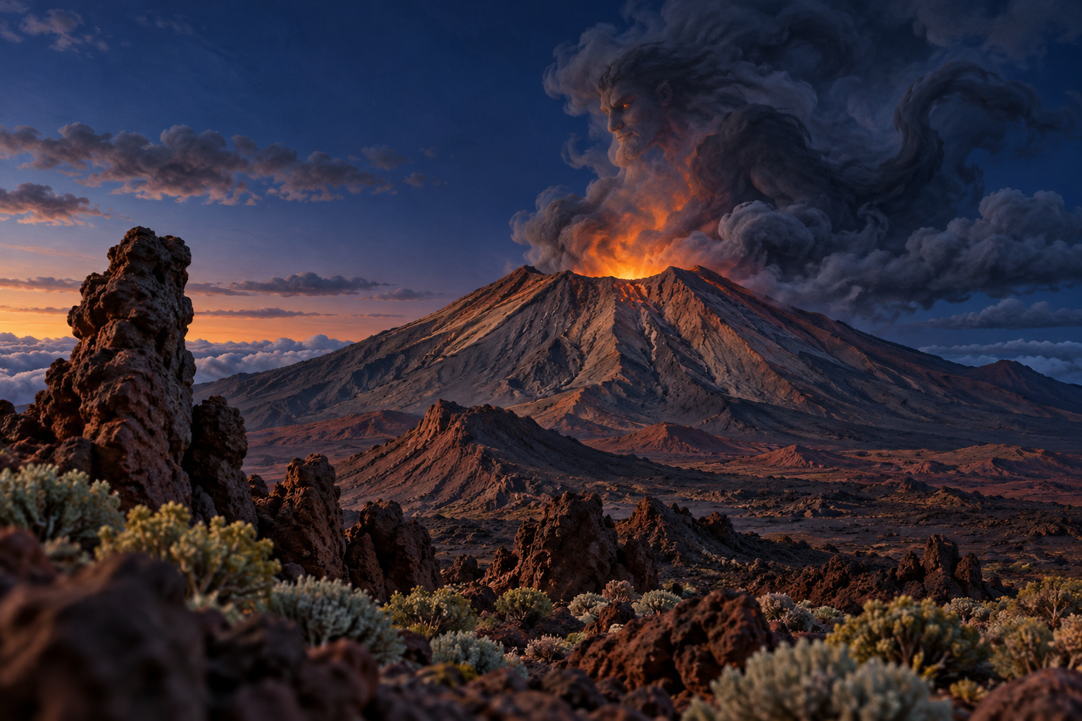 Interpretación fantástica de Guayota como una presencia de humo sobre el Teide.