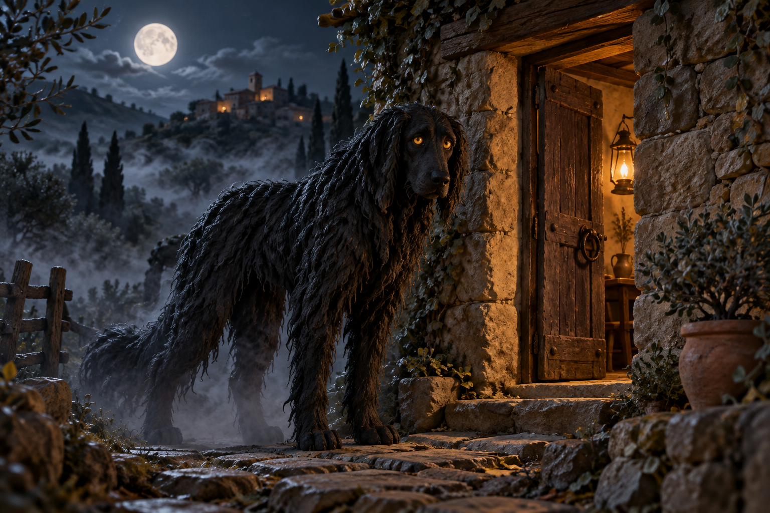 Interpretación de la Pesanta como un gran perro oscuro ante una puerta en la noche.