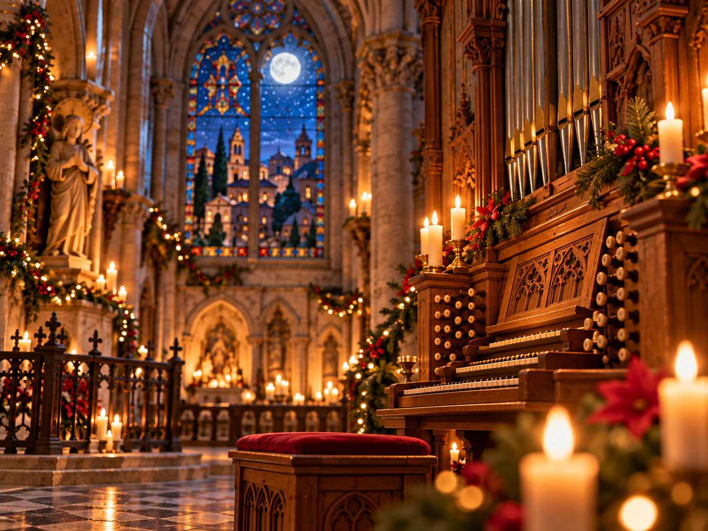 El órgano y su banco vacío en la iglesia iluminada por velas tras la última nota.