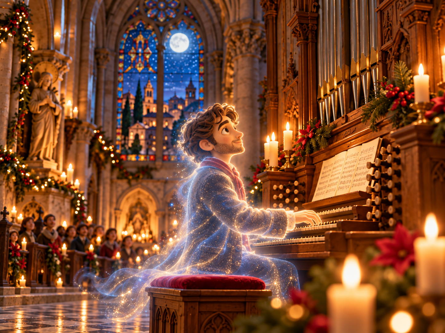 El espíritu del organista toca entre la luz de las velas.