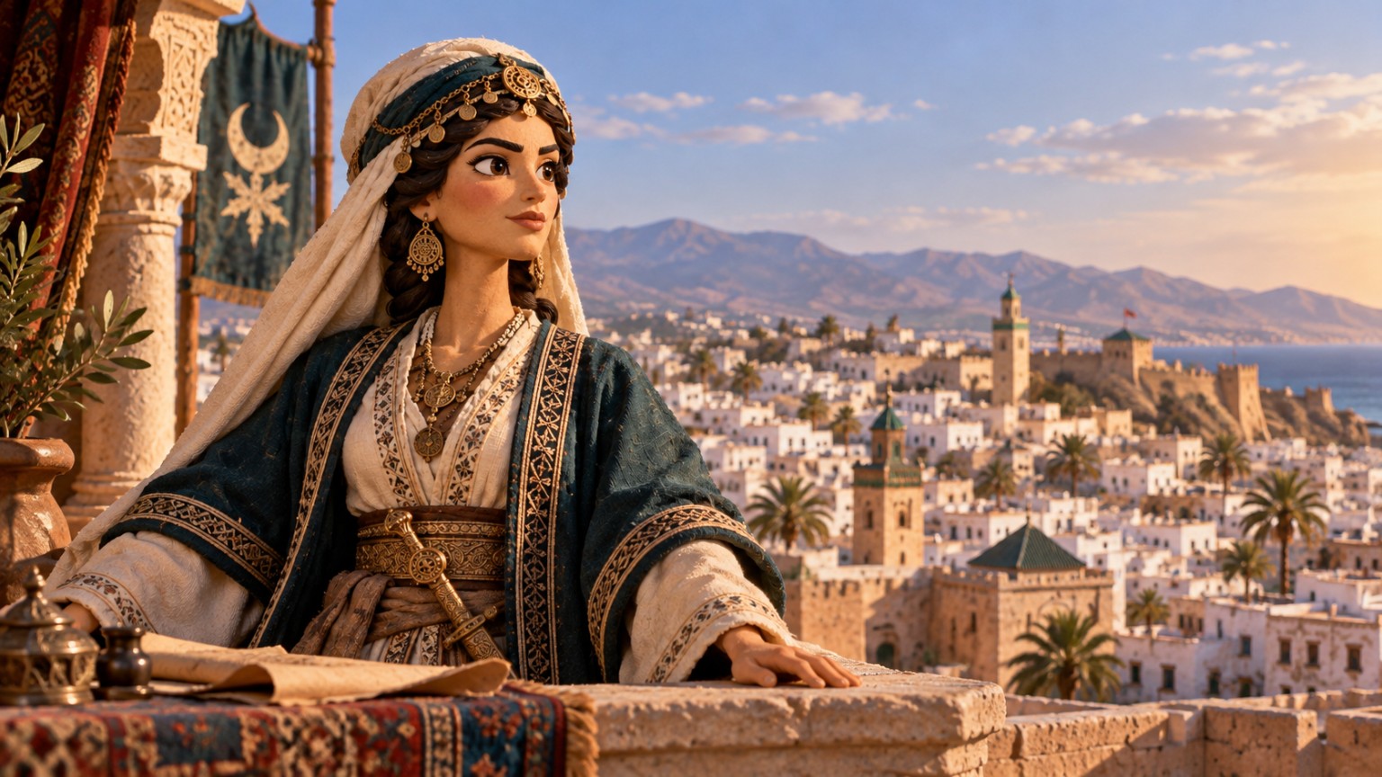 Recreación artística: Sayyida al-Hurra ante la ciudad de Tetuán.