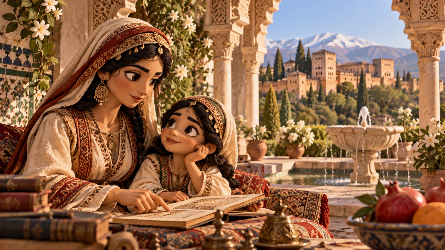 Recreación artística: Una niña aprende junto a su madre en un patio andalusí.