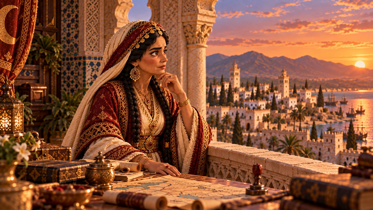 Recreación artística: Una Sayyida madura contempla la ciudad al atardecer.