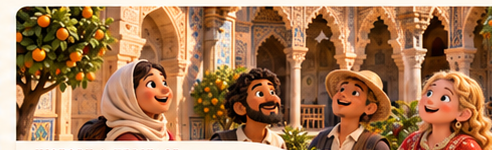 Arquitectura de herencia andalusí con visitantes diversos en estética de plastilina stop motion semirrealista.