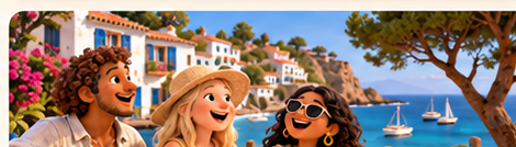 Escena costera de Baleares con personajes diversos en estética de plastilina stop motion semirrealista.