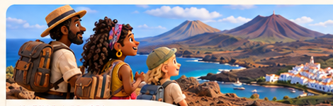Paisaje volcánico y costero de Canarias con viajeros en estética de plastilina stop motion semirrealista.