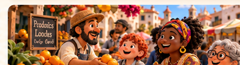 Mercado de barrio en España con personajes diversos en estética de plastilina stop motion semirrealista.