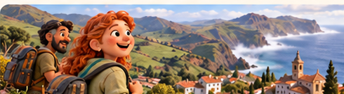 Paisaje atlántico verde del norte de España en estética de plastilina stop motion semirrealista.