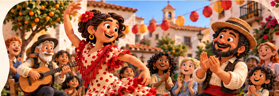 Escena en plastilina stop motion semirrealista de una celebración en un pueblo español con una bailaora de flamenco y público diverso.