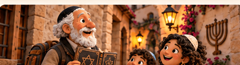 Escena de patrimonio judío en España con personajes en estética de plastilina stop motion semirrealista.