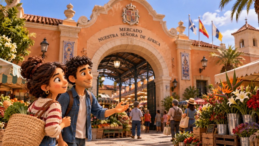 Paula y Javier llegan a la entrada del Mercado Nuestra Señora de África, en Santa Cruz de Tenerife.