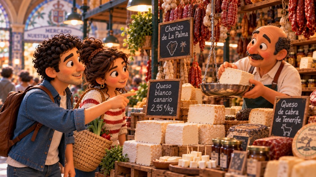 Javier pide queso blanco canario en un puesto de quesos y chorizos de La Palma, acompañado por Paula.