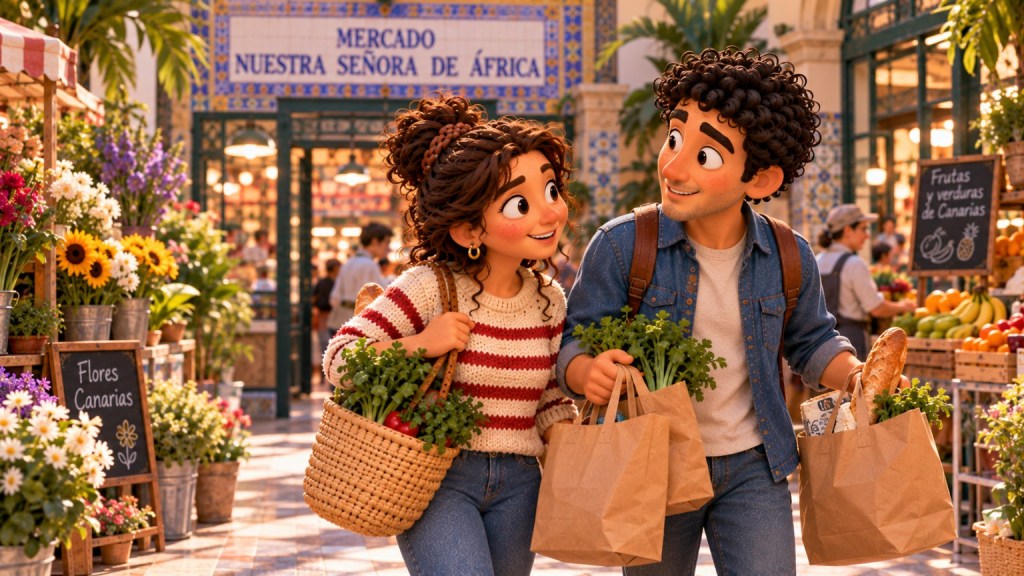 Paula y Javier caminan entre flores y puestos de frutas con sus compras terminadas.