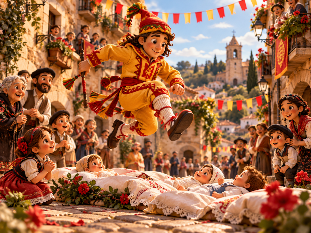 Escena festiva en plastilina stop motion semirrealista inspirada en una tradición popular de un pueblo español.