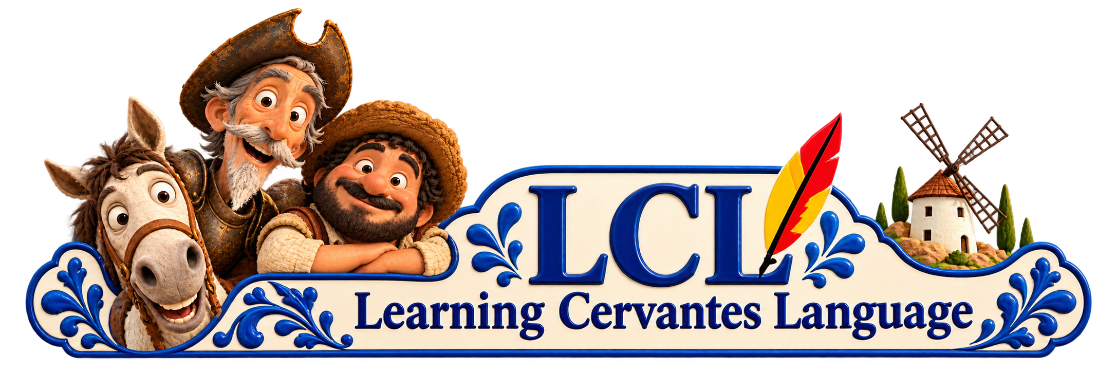 Logo horizontal de Learning Cervantes Language con Don Quijote, Sancho y Rocinante en estilo plastilina semirrealista.