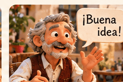 Escena de una expresión útil en español durante una conversación, en estética de plastilina stop motion semirrealista.