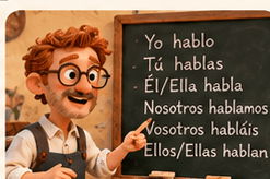 Escena de explicación de gramática española ante una pizarra, en estética de plastilina stop motion semirrealista.