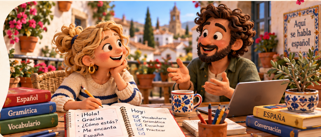 Escena cálida de aprendizaje de español con dos personas conversando en una terraza, en estética de plastilina stop motion semirrealista.