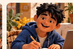 Persona practicando español con un cuaderno y un ordenador, en estética de plastilina stop motion semirrealista.