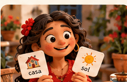 Tarjetas de vocabulario en una escena de aprendizaje de español, en estética de plastilina stop motion semirrealista.