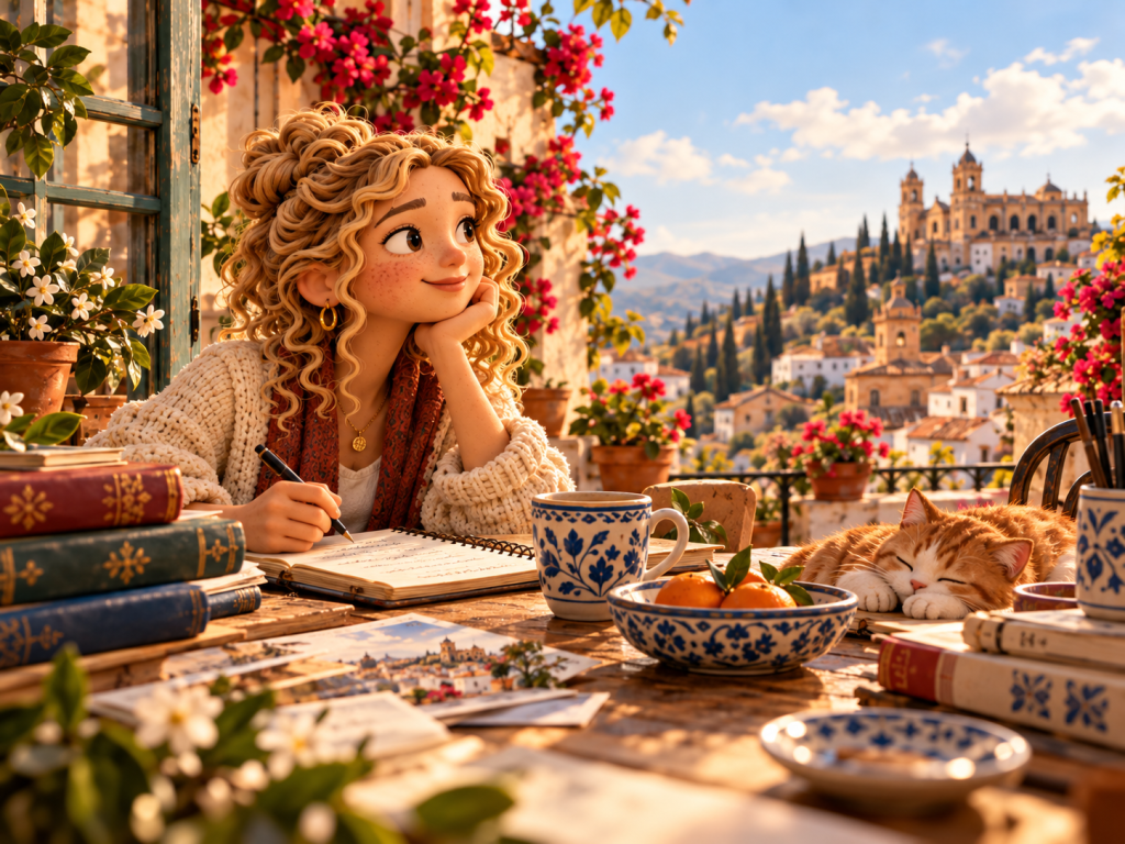 Ilustración en plastilina stop motion semirrealista de una docente rubia de pelo rizado escribiendo en una terraza cálida inspirada en España.