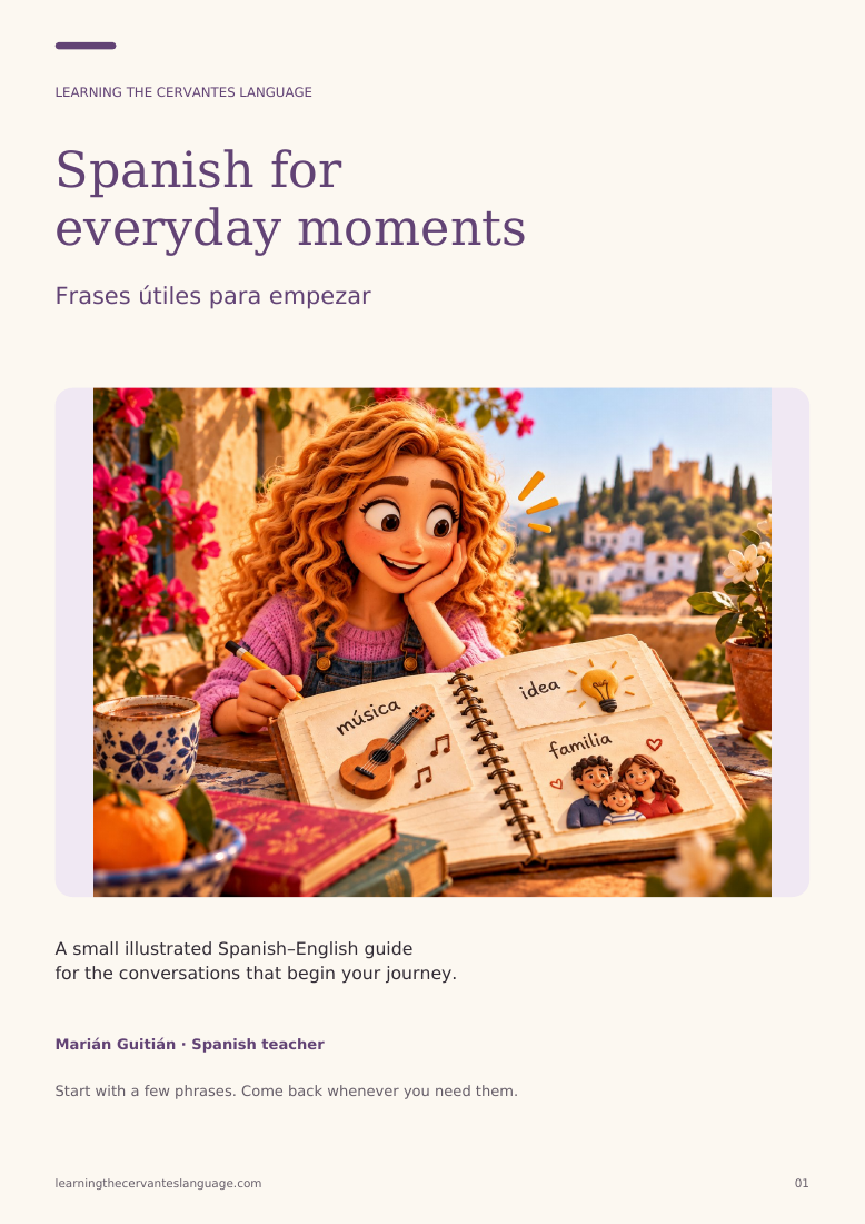 Cover of Spanish for everyday moments, an illustrated Spanish–English guide by Marián Guitián.