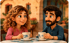 Escena cotidiana de conversación entre dos personas, en estética de plastilina stop motion semirrealista.