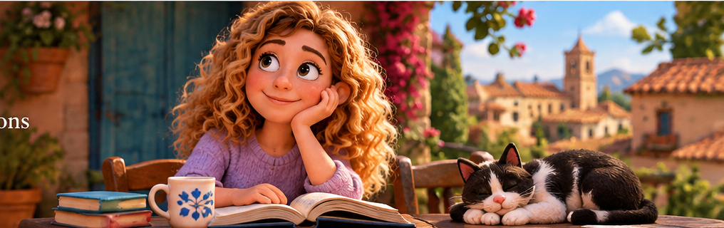 Escena cálida de lectura y narración en una terraza con una mujer de pelo rizado, libros y un gato, en estética de plastilina stop motion semirrealista.