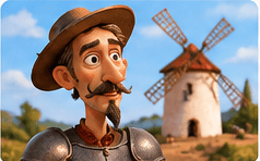 Personaje inspirado en la literatura española junto a un molino, en estética de plastilina stop motion semirrealista.