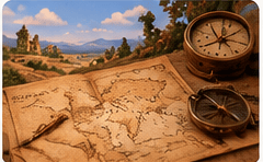 Mapa, paisaje y brújula como símbolo de historias de España y Latinoamérica, en estética de plastilina stop motion semirrealista.